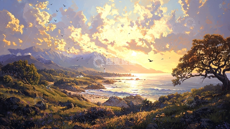 高清大图下载【趣麦麦图】海边夕阳风景油画