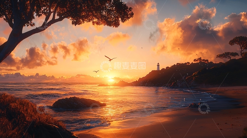 高清大图下载【趣麦麦图】金色海滩日落景象