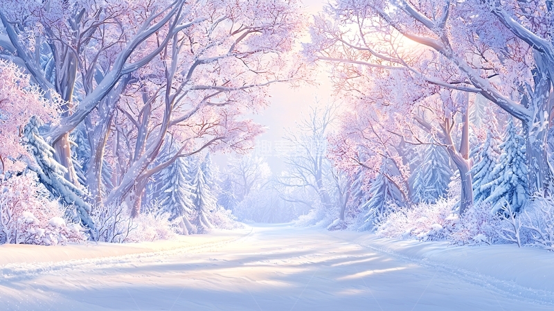 高清大图下载【趣麦麦图】粉紫色的雪地森林