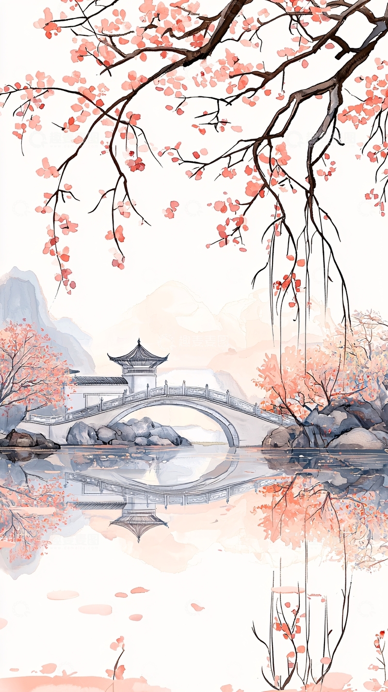 高清大图下载【趣麦麦图】粉色花朵下的水墨桥