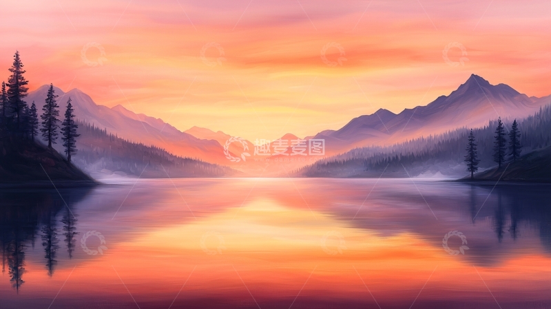 高清大图下载【趣麦麦图】湖面平静的日落山景
