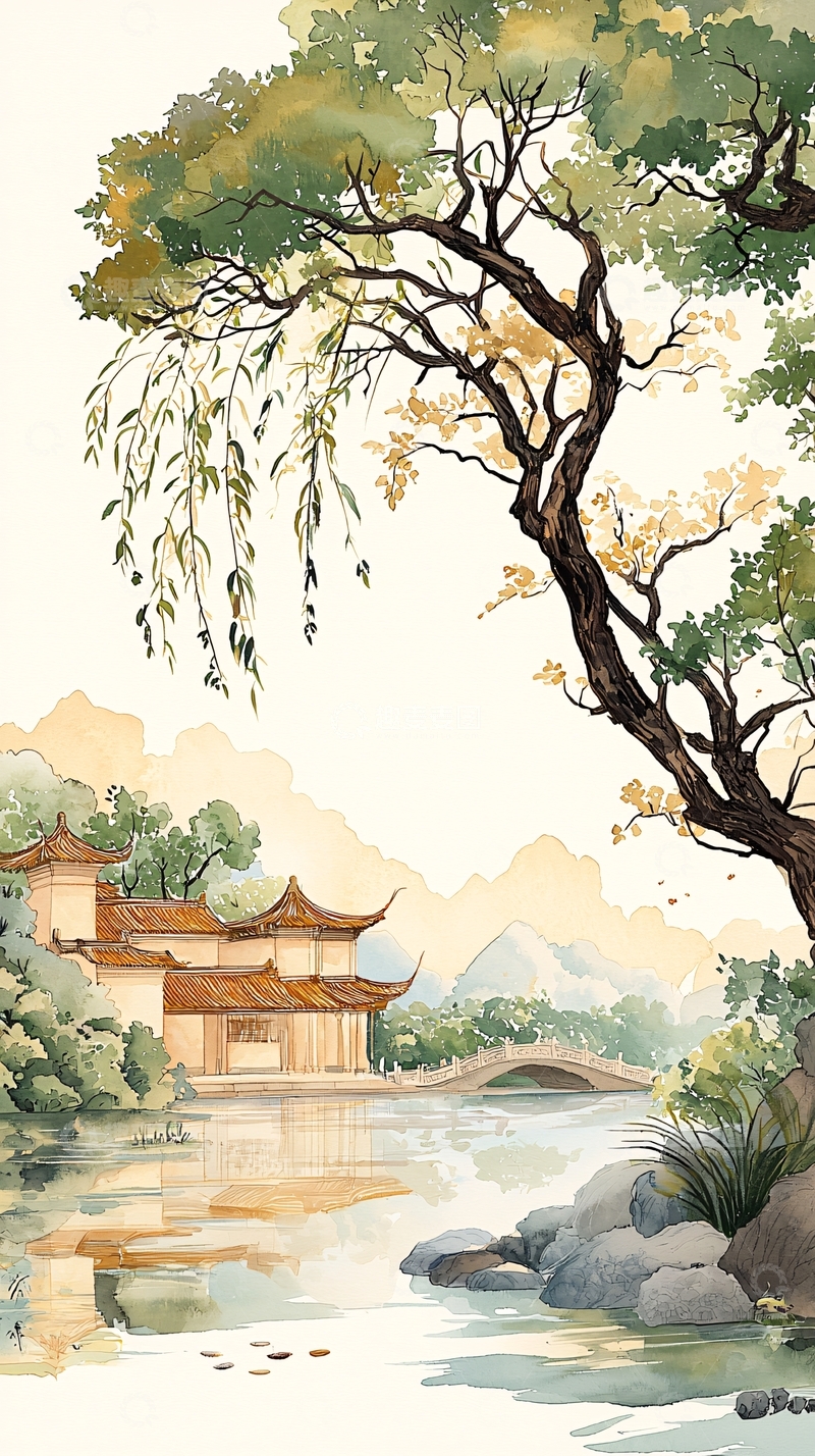 高清大图下载【趣麦麦图】水边中式建筑树木景色