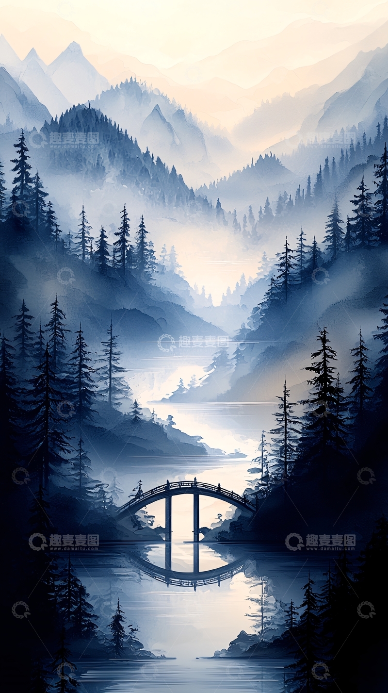 高清大图下载【趣麦麦图】水墨山水间的拱桥