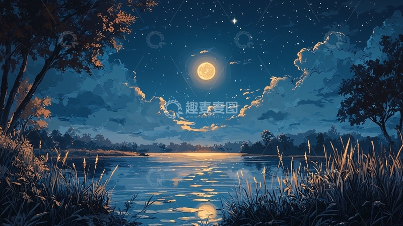 高清大图下载【趣麦麦图】宁静的湖面月夜