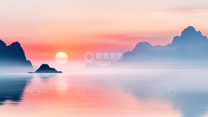 高清大图下载【趣麦麦图】日出水面山峦倒影