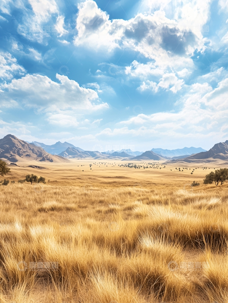 高清大图下载【趣麦麦图】金色草地远山蓝天白云