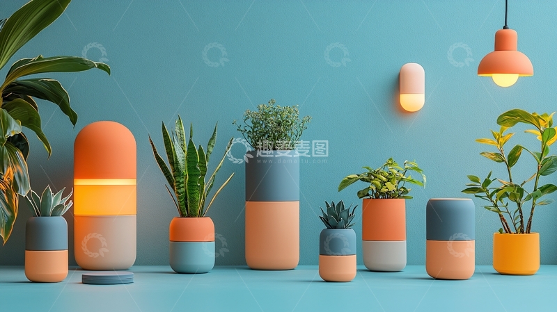 高清大图下载【趣麦麦图】蓝色背景下盆栽组合