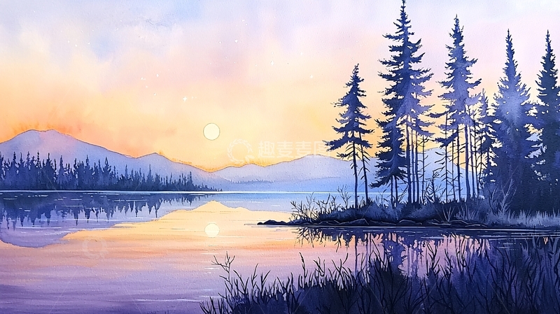 高清大图下载【趣麦麦图】宁静湖面上的水彩森林日落