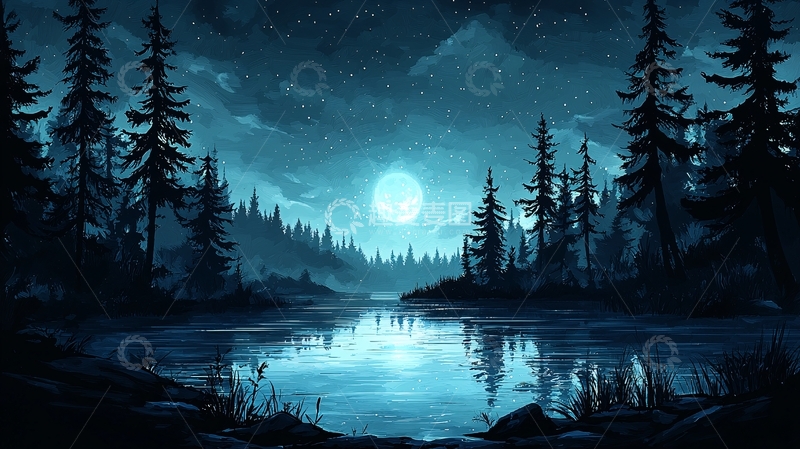 高清大图下载【趣麦麦图】月夜森林湖畔的宁静