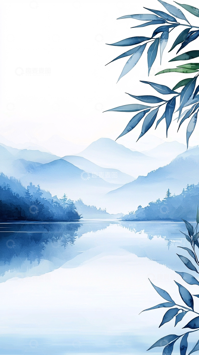 高清大图下载【趣麦麦图】水墨山水青蓝意境