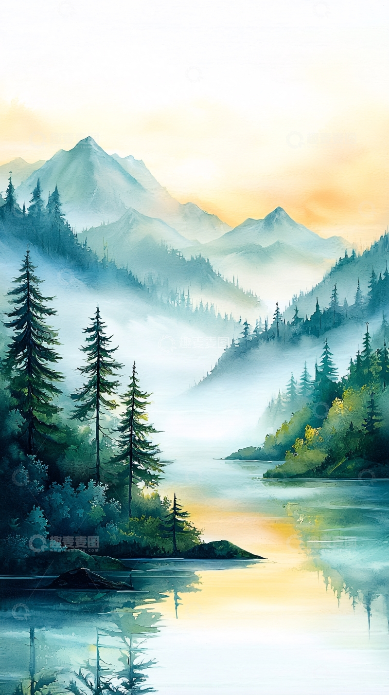 高清大图下载【趣麦麦图】山水风景水彩画