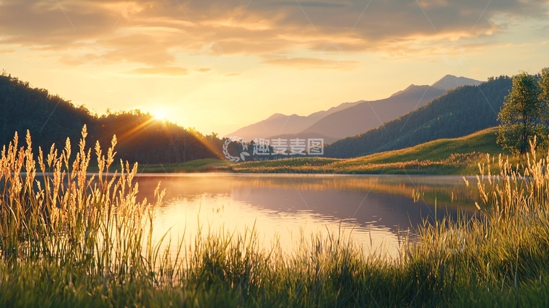 高清大图下载【趣麦麦图】宁静湖面的金色日落