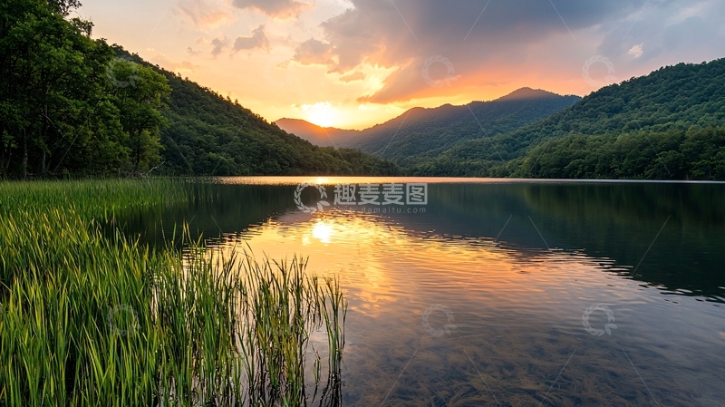 高清大图下载【趣麦麦图】夕阳下的宁静湖面