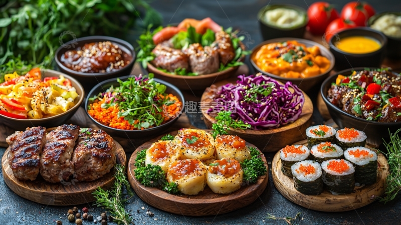 高清大图下载【趣麦麦图】多种美味菜肴摆放在一起