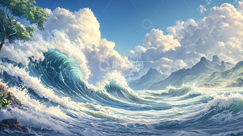 高清大图下载【趣麦麦图】汹涌波涛下的海景插画