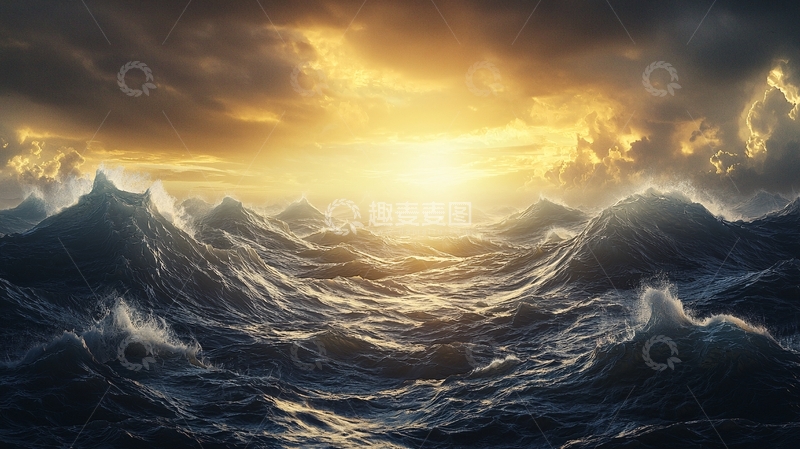 高清大图下载【趣麦麦图】波涛汹涌的海面与乌云压顶的天空