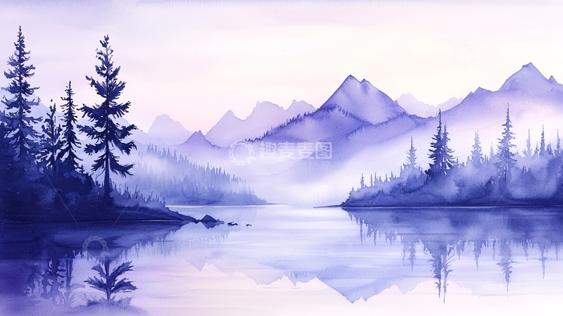 高清大图下载【趣麦麦图】淡紫色湖光山色水彩画