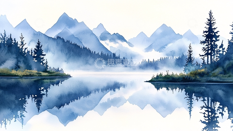 高清大图下载【趣麦麦图】水彩画风山水倒影