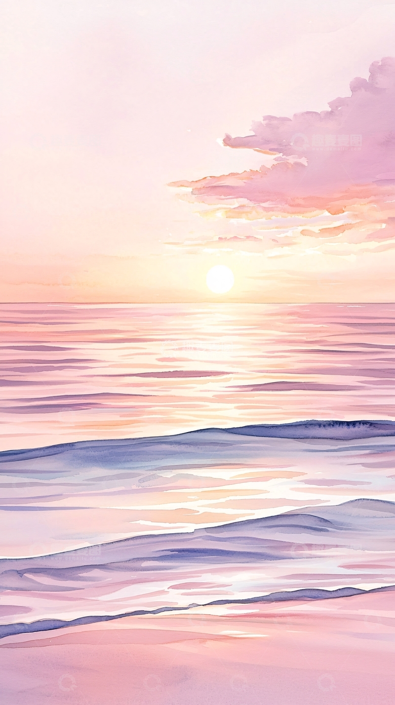 高清大图下载【趣麦麦图】粉色日落下的平静海面