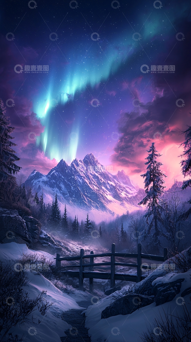 高清大图下载【趣麦麦图】雪山之巅的绚丽极光