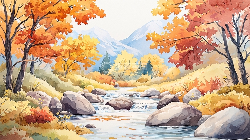 高清大图下载【趣麦麦图】秋季溪流山水风景画