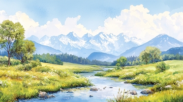 蓝天白云下的山水田园