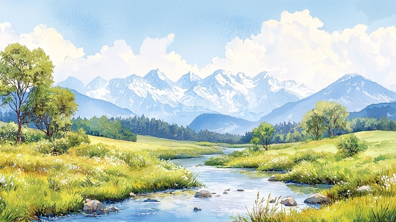 高清大图下载【趣麦麦图】蓝天白云下的山水田园