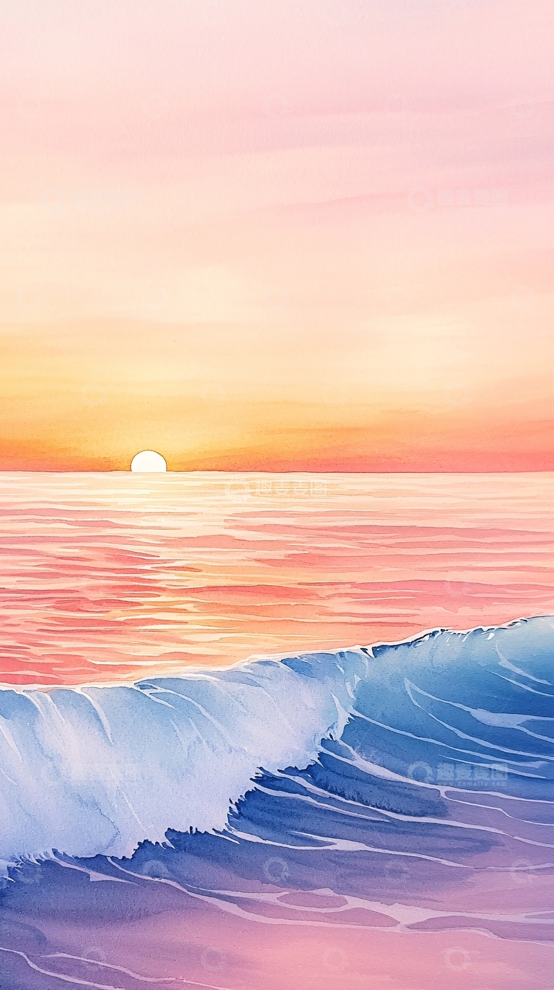 高清大图下载【趣麦麦图】粉色日落下的海浪