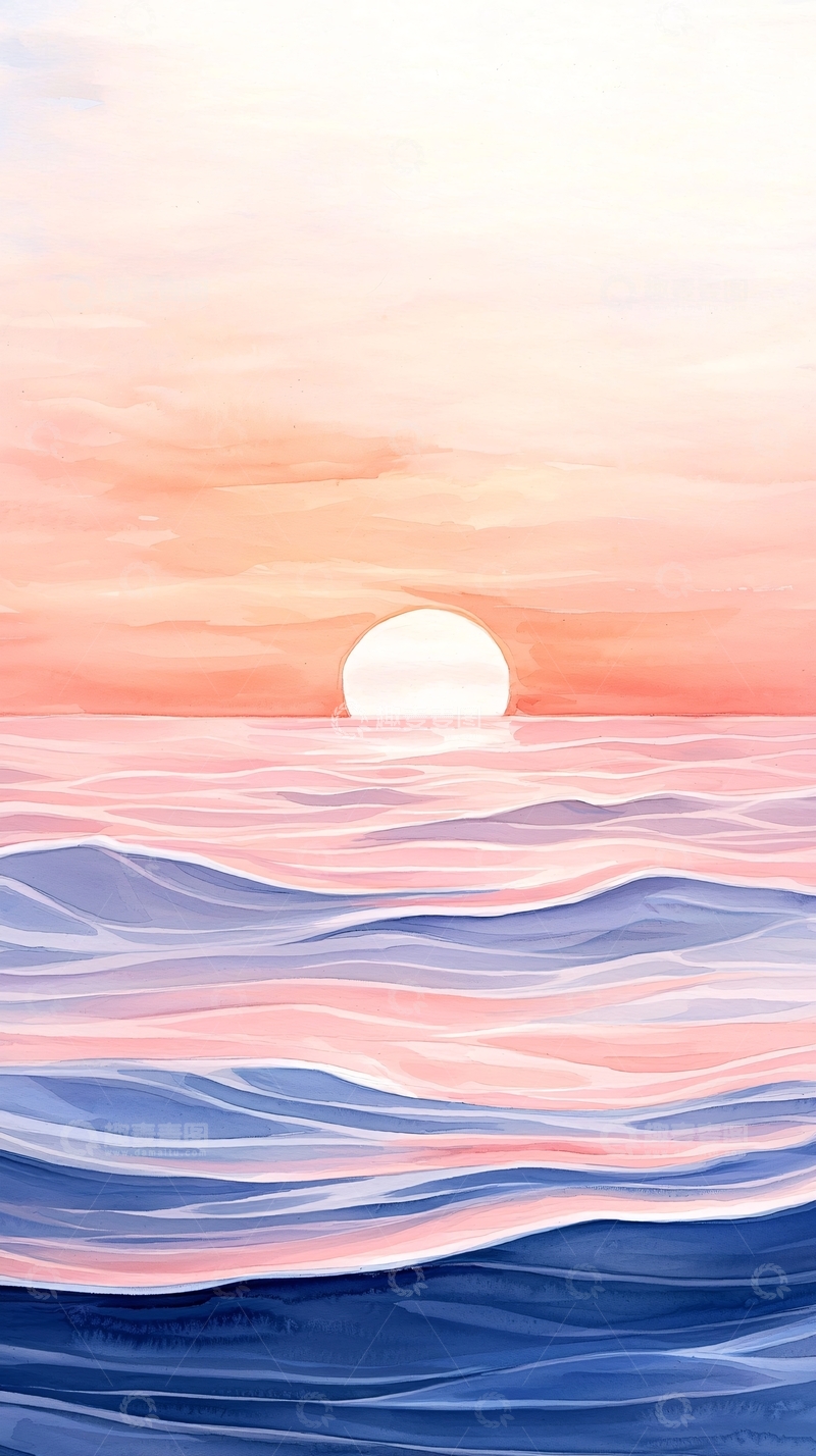 高清大图下载【趣麦麦图】日出海面水彩风格