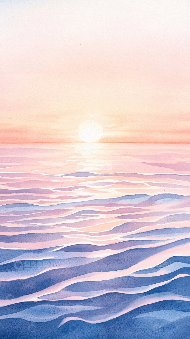 高清大图下载【趣麦麦图】粉色日落海洋水彩