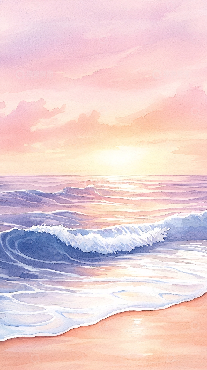 高清大图下载【趣麦麦图】粉色天空下的海浪