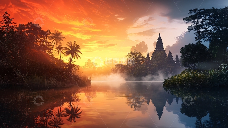 高清大图下载【趣麦麦图】魔幻日落水边城堡