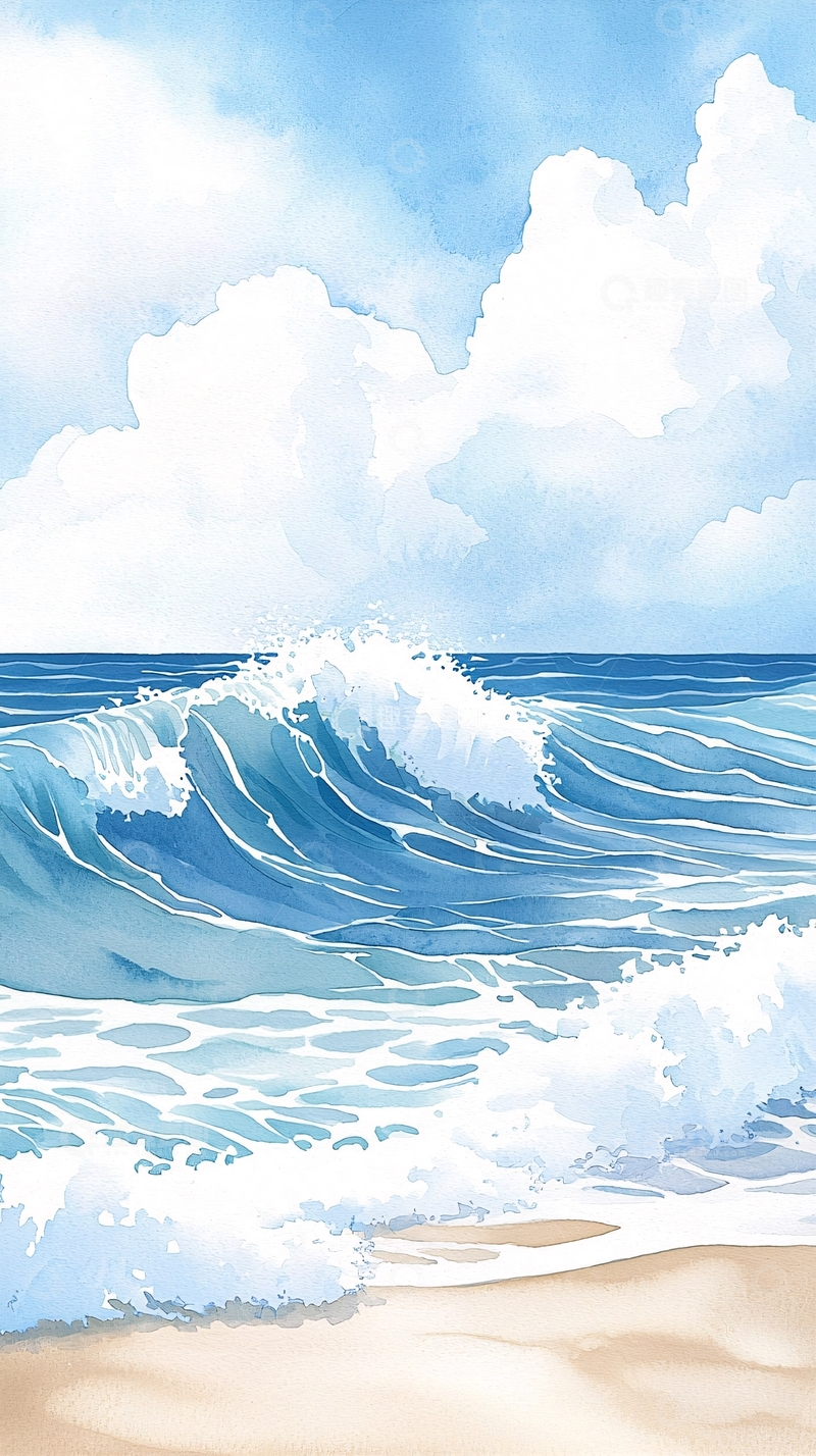 高清大图下载【趣麦麦图】水彩风格海浪沙滩天空云朵