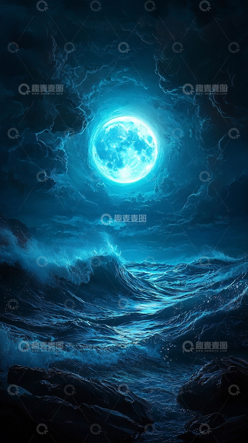 高清大图下载【趣麦麦图】蓝色月光照耀下的海面