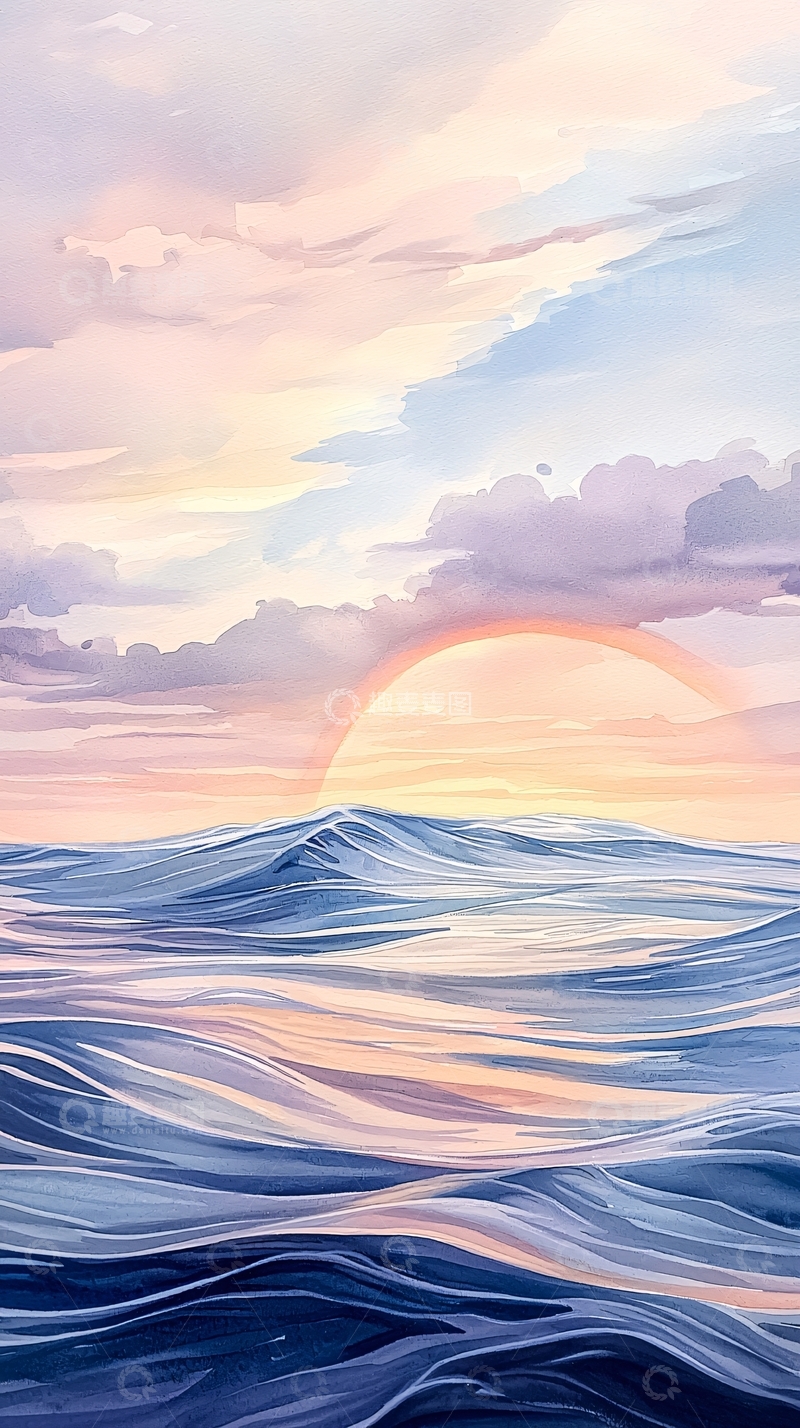高清大图下载【趣麦麦图】唯美日出海景水彩画