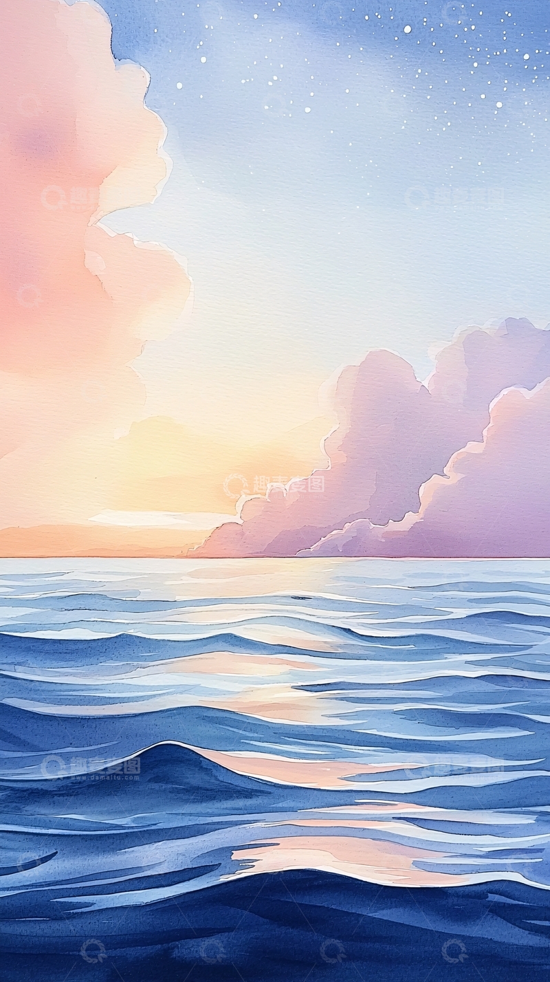 高清大图下载【趣麦麦图】水彩风格的海面日落