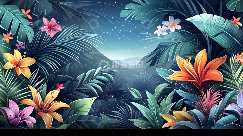 高清大图下载【趣麦麦图】热带雨林花卉星空夜景