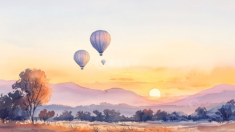 高清大图下载【趣麦麦图】水彩日落热气球