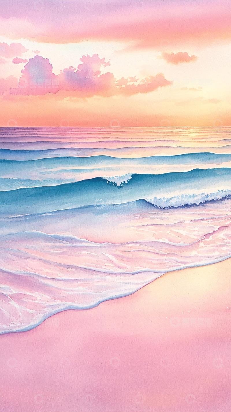 高清大图下载【趣麦麦图】粉色天空下的海滩