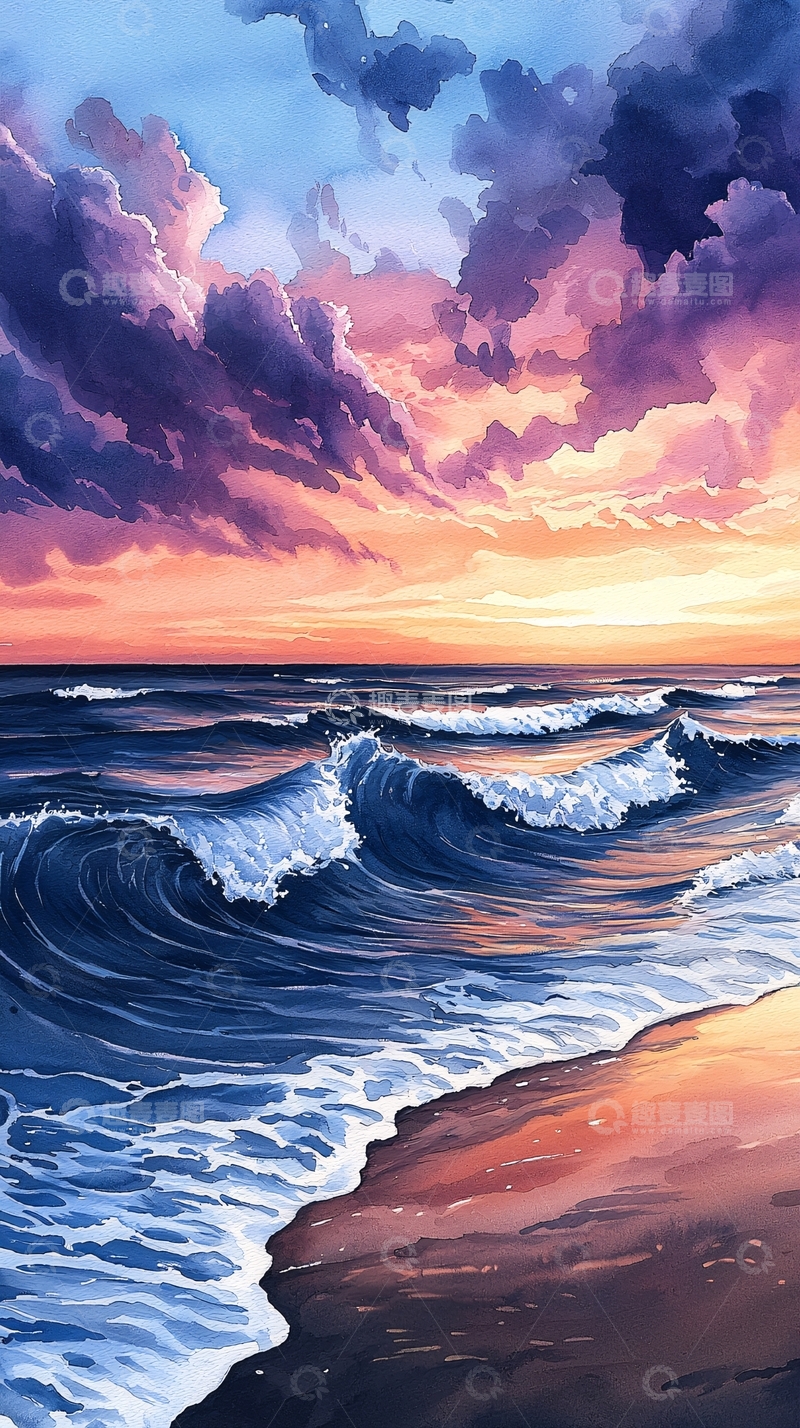 高清大图下载【趣麦麦图】粉色天空下的海浪