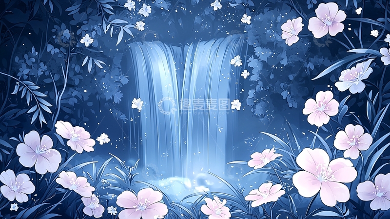 高清大图下载【趣麦麦图】梦幻蓝色瀑布花丛