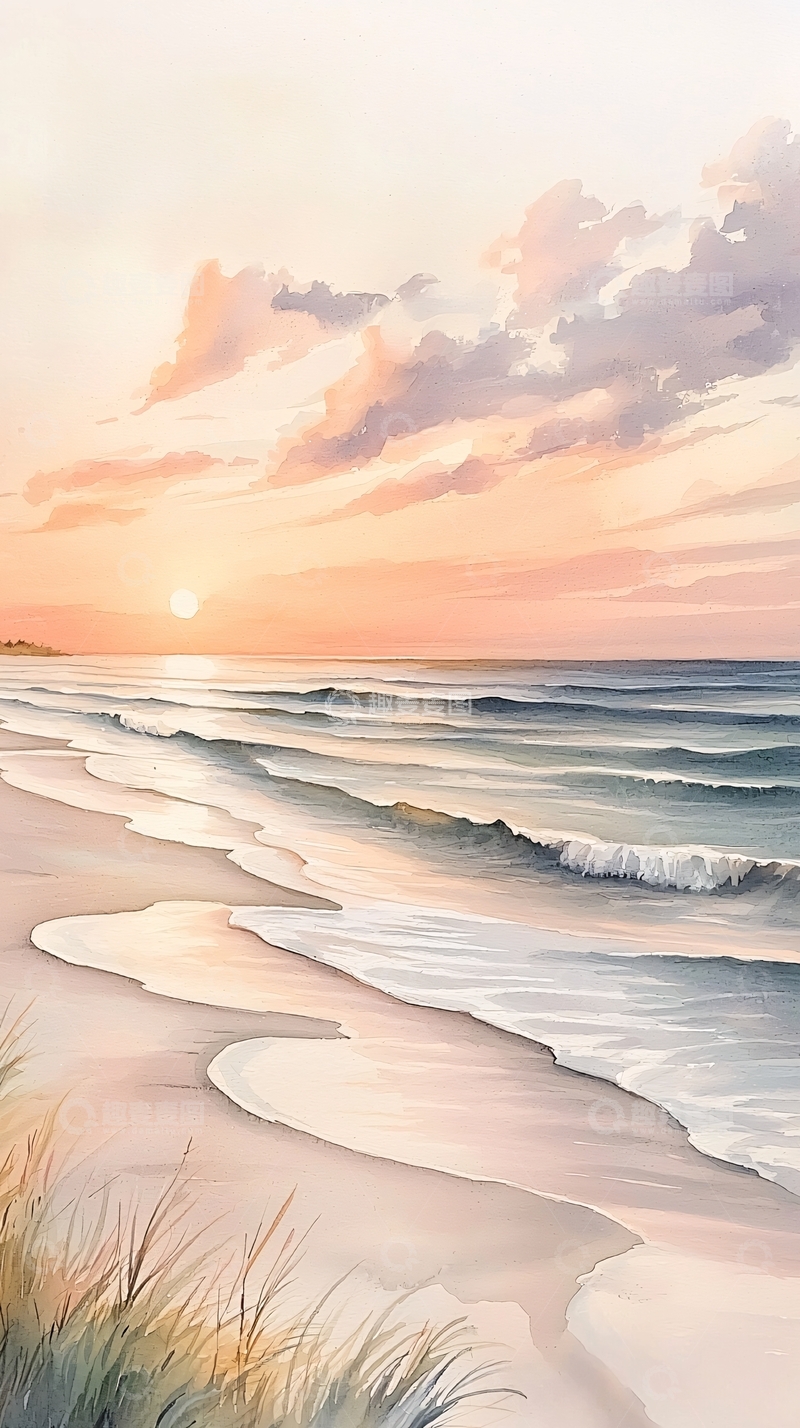 高清大图下载【趣麦麦图】宁静的日落海滩水彩画