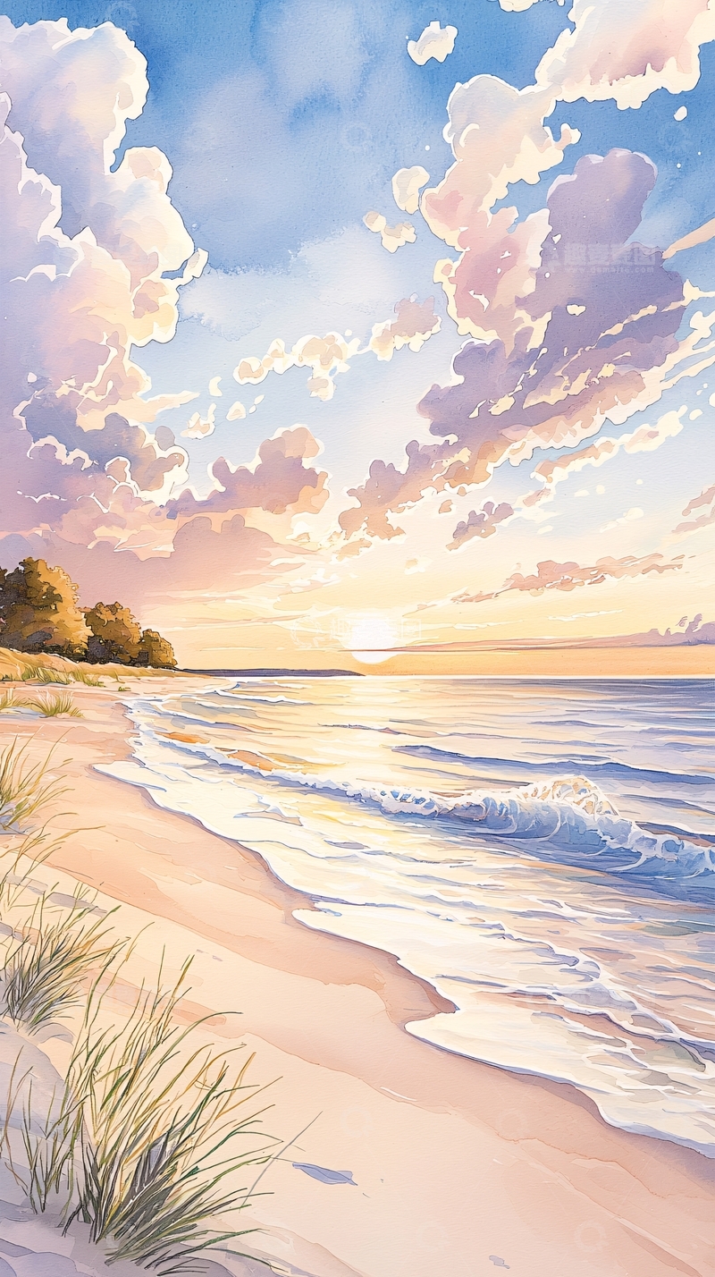 高清大图下载【趣麦麦图】水彩海滩日落云彩