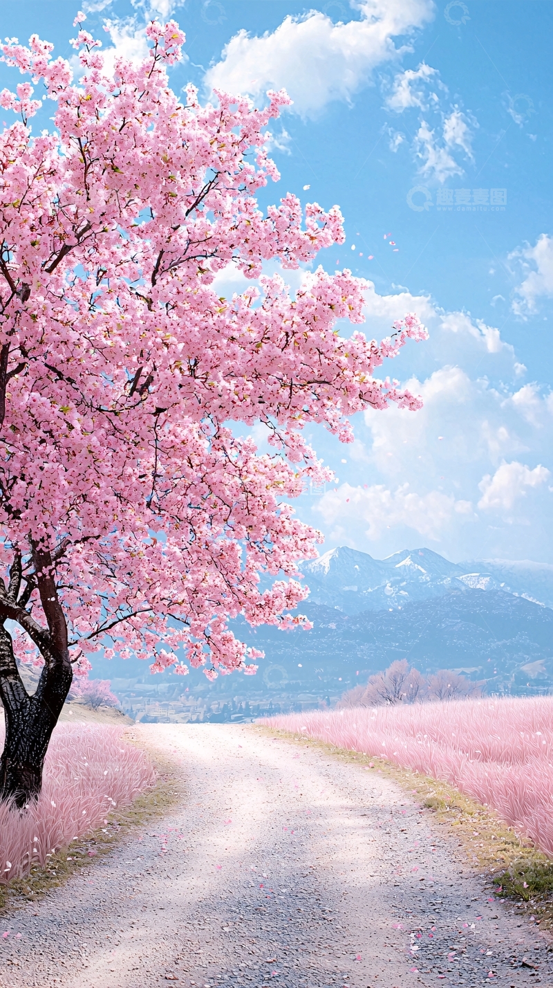 高清大图下载【趣麦麦图】粉色樱花树下的道路