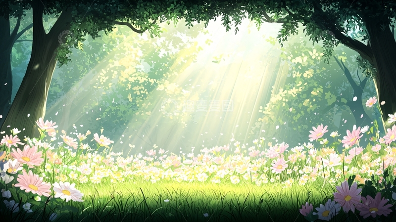 高清大图下载【趣麦麦图】阳光穿过树林照亮草地