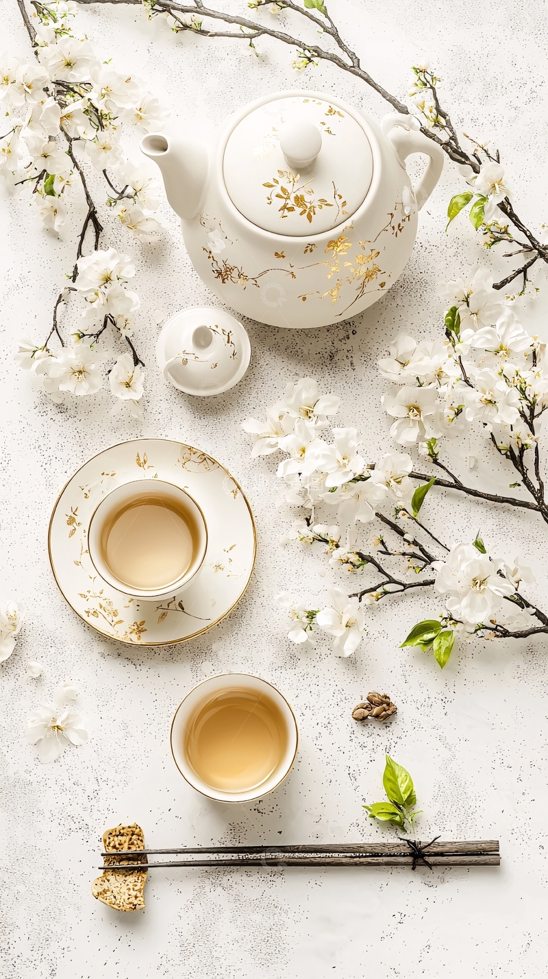高清大图下载【趣麦麦图】白色茶具与白色花朵