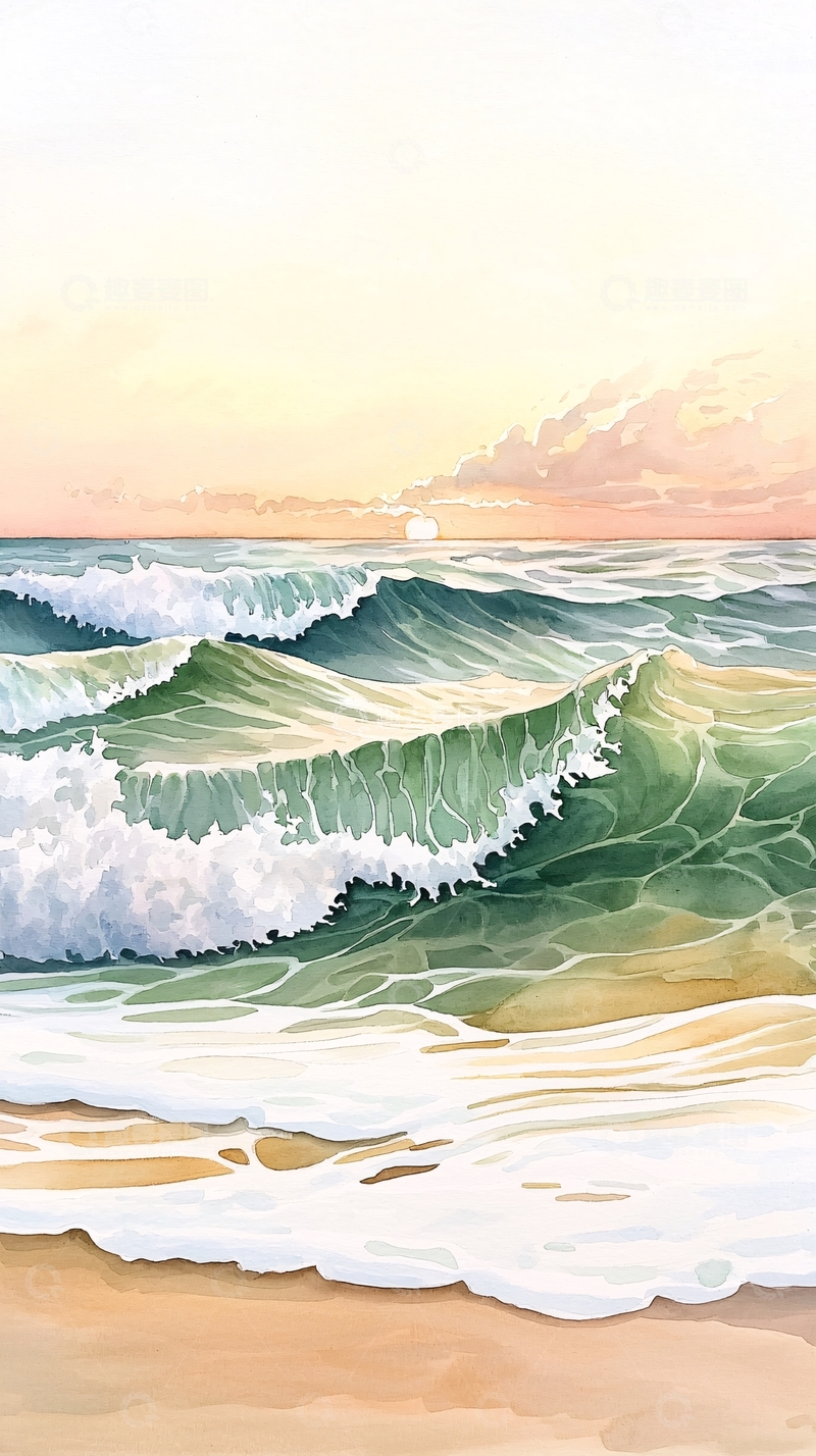 高清大图下载【趣麦麦图】水彩海浪沙滩日落美景