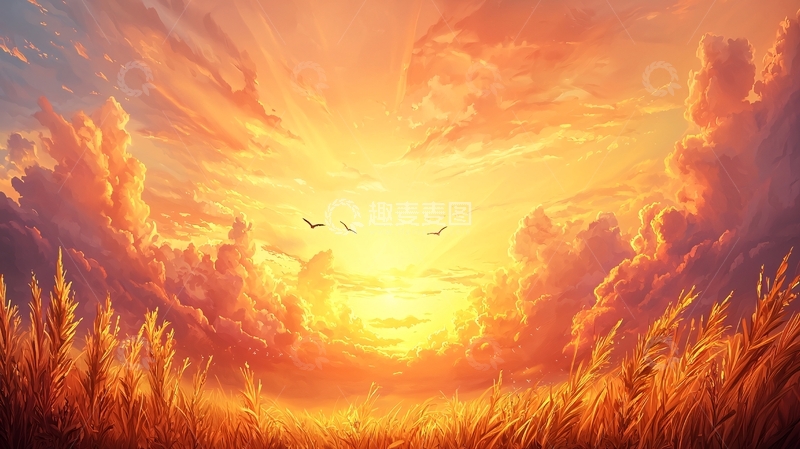 高清大图下载【趣麦麦图】金色田野上的壮丽日落