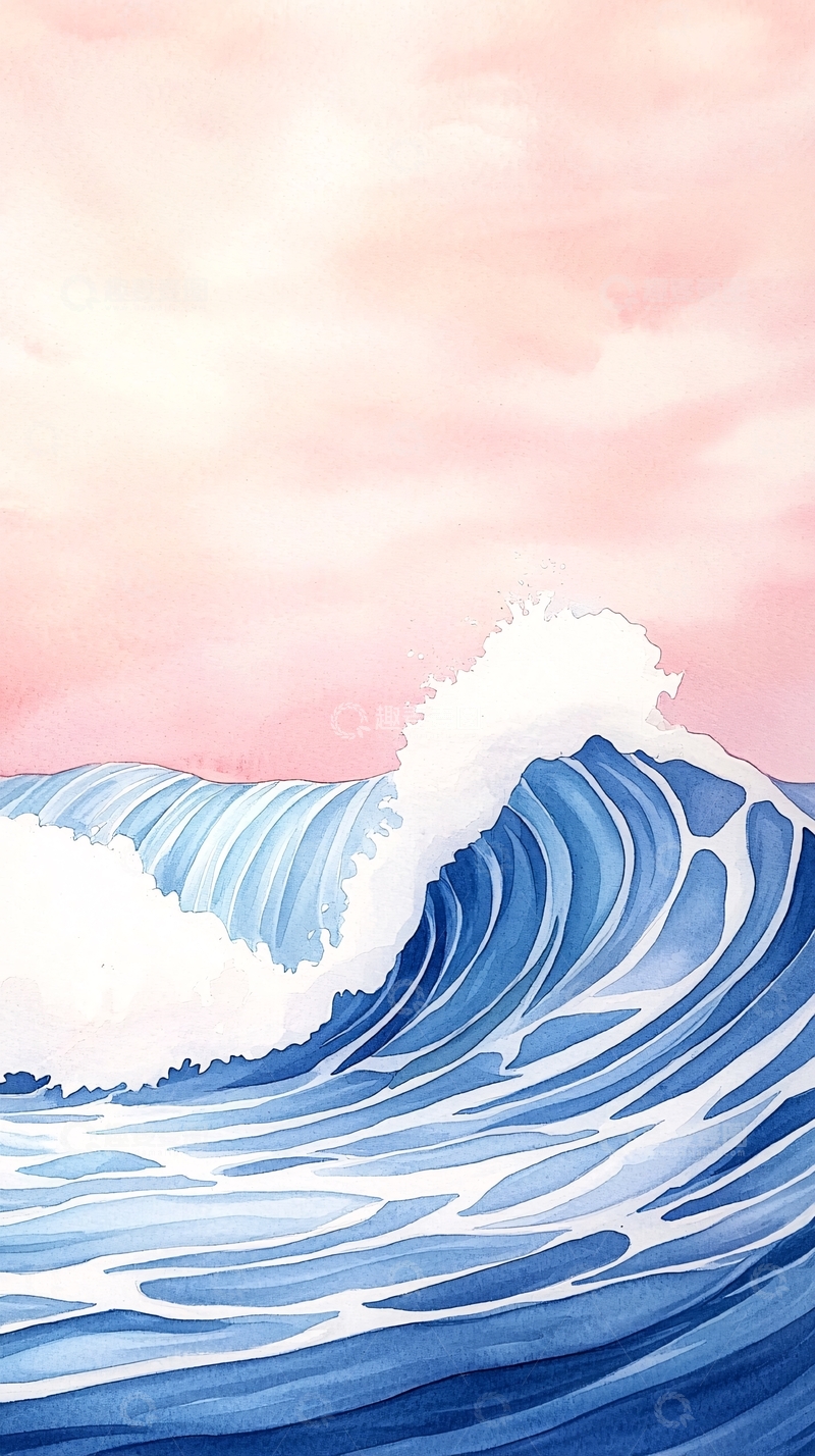 高清大图下载【趣麦麦图】水彩风格海浪粉色天空