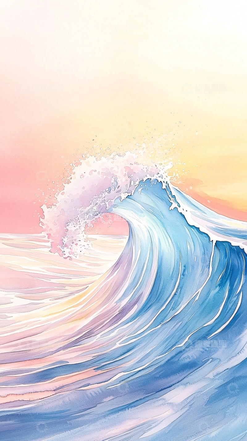 高清大图下载【趣麦麦图】唯美水彩海浪渐变天空